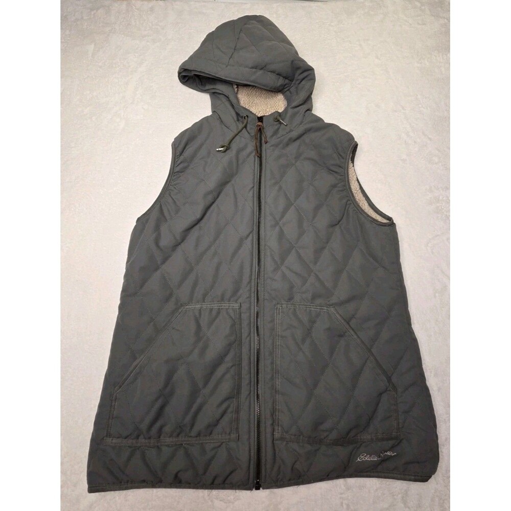 EDDIE BAUER Green Quilted Vest Zip Sherpa Lined Hooded Women’s Large